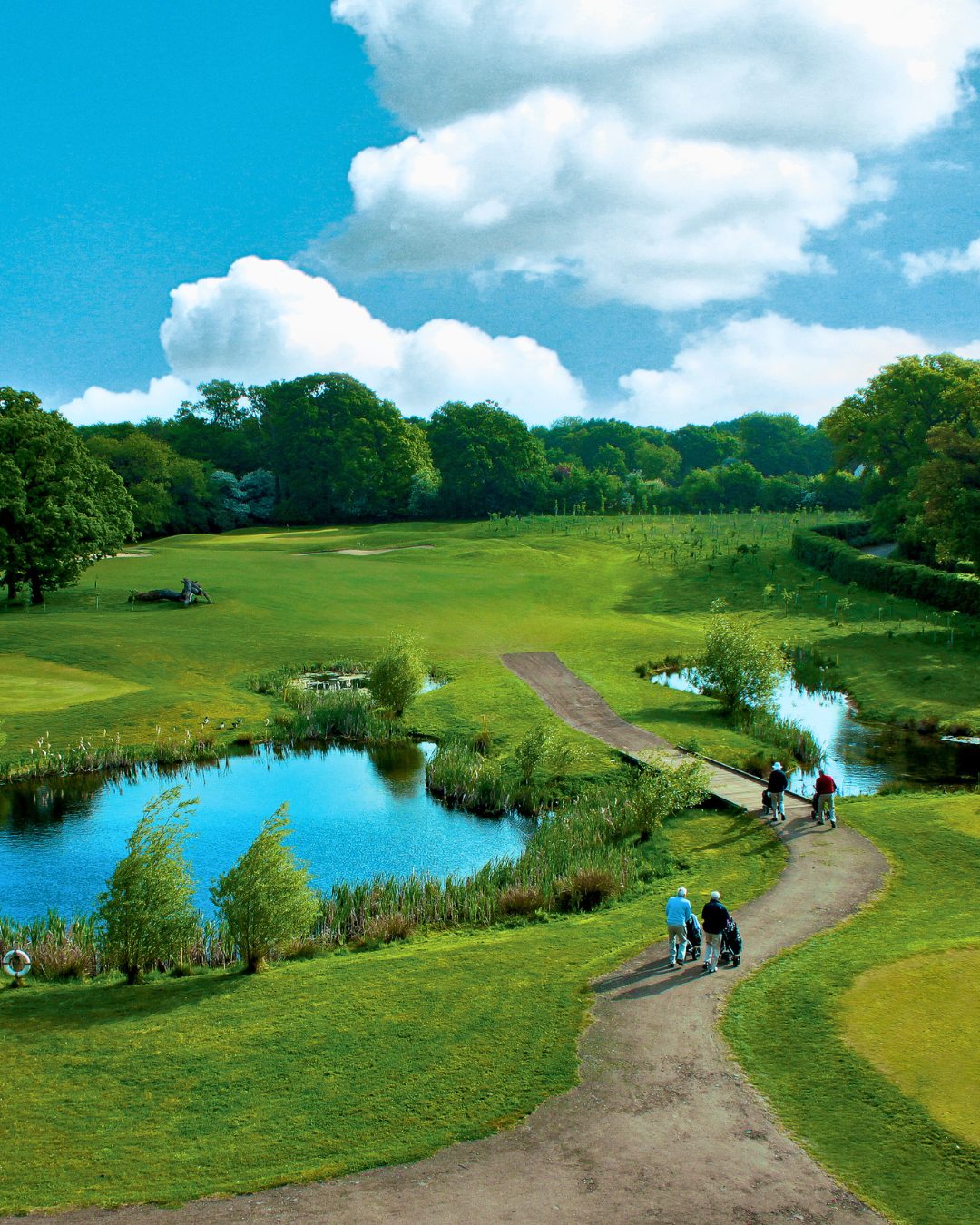 Members walking past lake on course